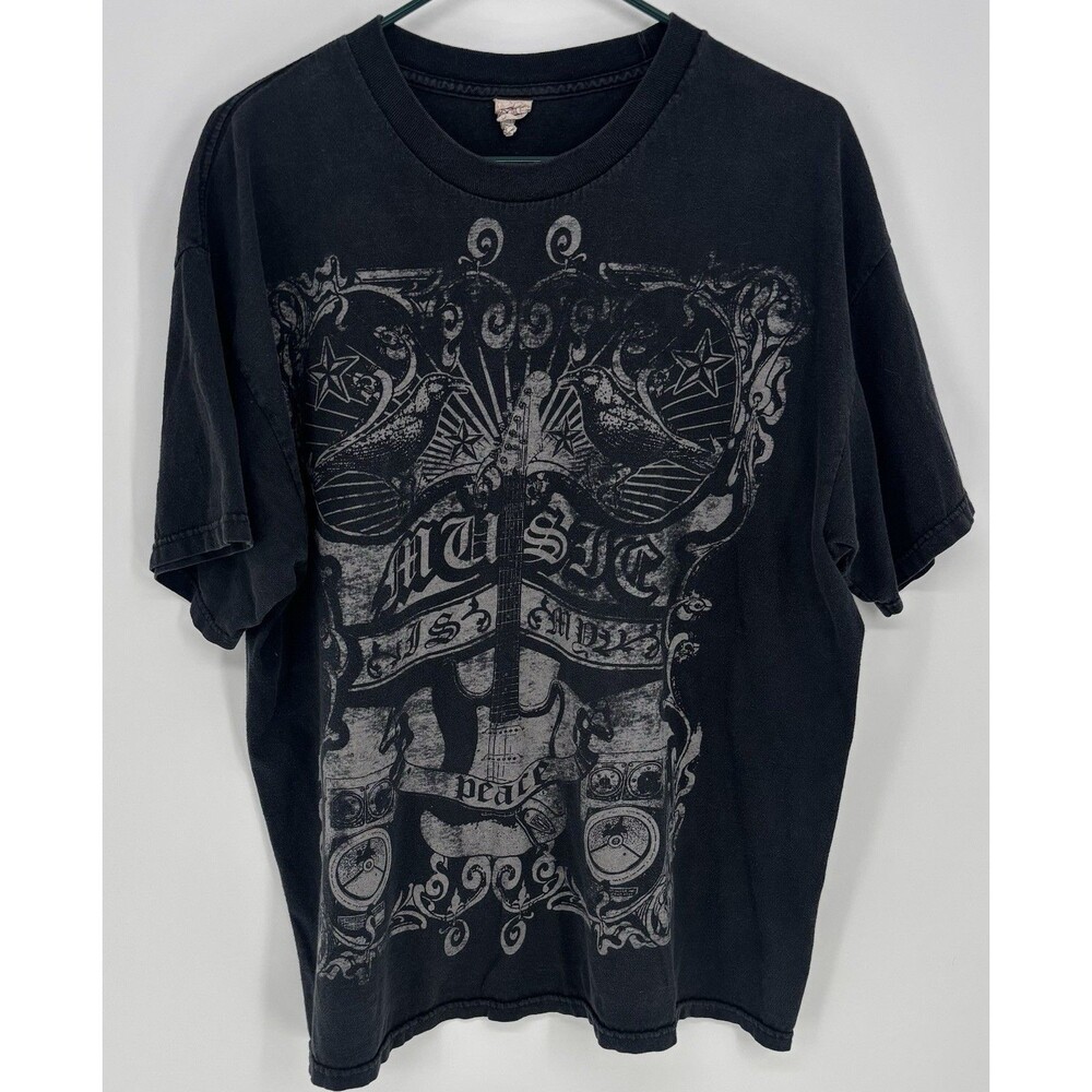 Y2K Alstyle Music Is My Peace T Shirt XL Eagle Guitar Faded Black Grunge
